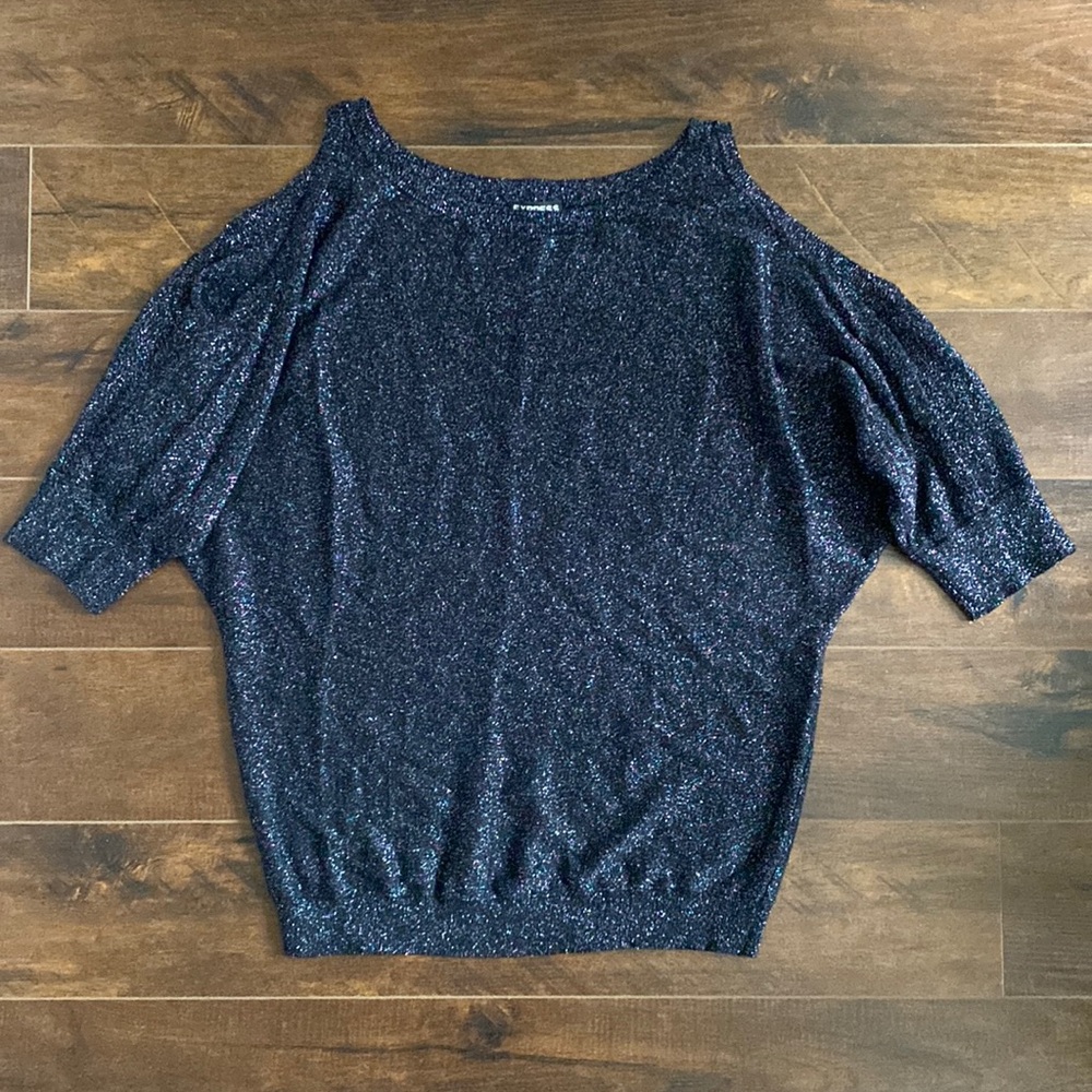 Express - Dolman Cold Shoulder Lightweight Sparkle/Glitter Sweater - Small - BLK